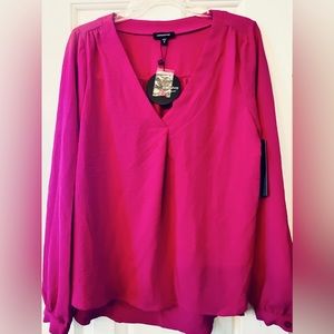 V NECK DROP HEM BLOUSE - FUCHSIA - M